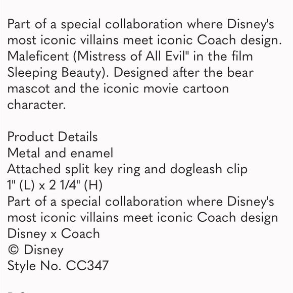 Coach Disney Villains series Maleficent teddy bear key chain with gold hang tag - Picture 6 of 6